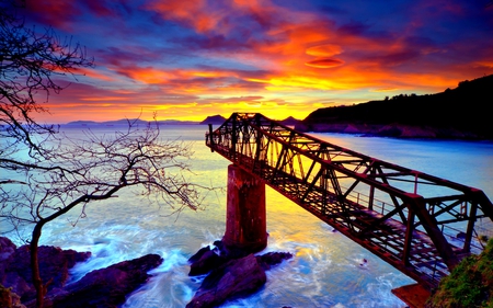 BRIDGE TO NOWHERE! - ocean, sky, tree, sunset, rock, bridge