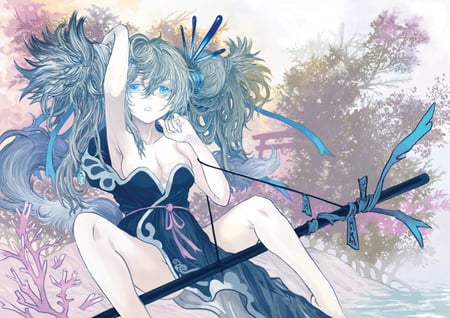 Hatsune Miku - vocaloid, dress, hatsune miku, long hair, blue hair, katana, barefoot, weapon, blue eyes