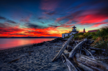 Sunset-HDR - pretty, scenery, blue, amazing, beach, landscape, great, reflection, sand, beautifu, view, red, hdr, nice, sky, clouds, lighthouse, water, photography, sea, beauty, colors, lovely, cool, architecture, ocean, colorful, nature, sunset