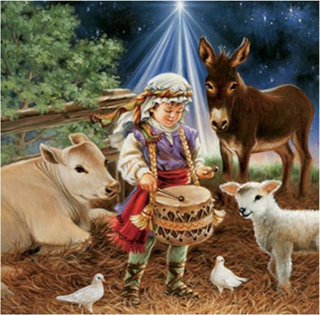 Bi Dona Gelsinger (DETAIL) - cow, girl, christmas, sheep, holiday, painting, dona gelsinger, cute, art