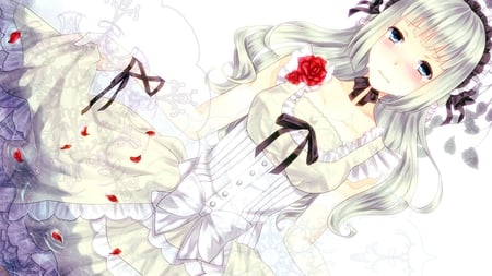 Anime - tears, roses, bride, anime, wedding, dress, cry, flowers, short hair, black, white, sad, heaband, red, ribbon, bow