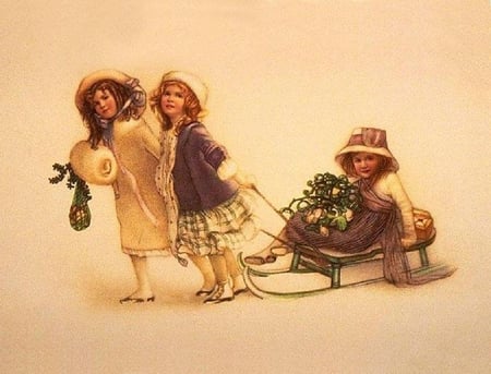 Going Sledding - christmas, girls, winter, sled