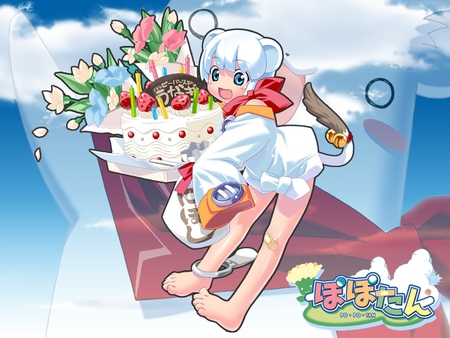 Popotan - ferret, popotan, anime, bells, tail, unagii, white, cute, cake, other