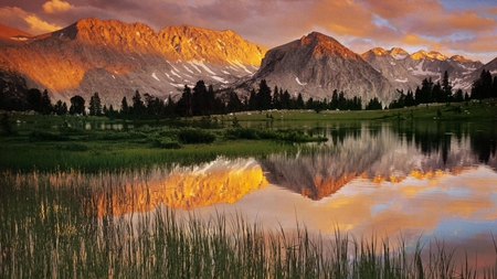 Reflections - clouds, lake, sunset, mountains