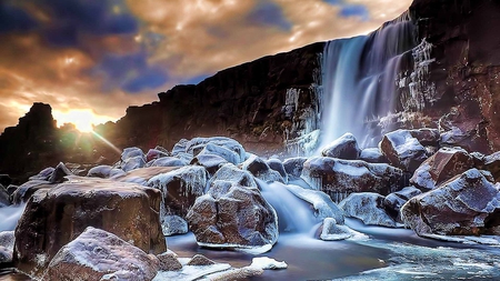 Falls - water, falls, clouds, river