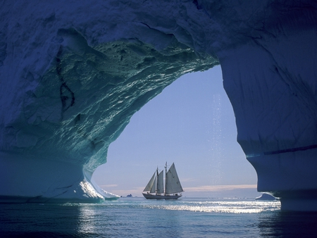 Through the Eye - ice, sail, ocean, white, ship, iceberg, blue, snow, sailboat, sea, boat