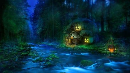 Cute Pixie House - hut, cottage, popular, magic, riverbank, stream, fire, creek, dark, river, cauldron, pot, landscape, wallpaper, nature, ghost, forest, beautiful, fairy, autumn, trees, water, fantasy, rocks, halloween, pixie, fall, house, cute, houses, forests, 3d and cg, night, lovely, witch, abstract, colors, lights