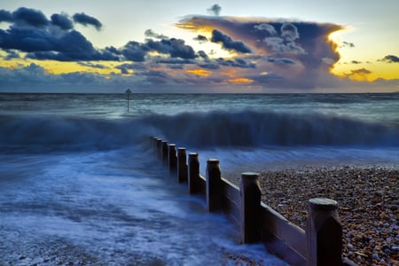 Sunset - pretty, scenery, blue, amazing, beach, landscape, great, view, nice, sky, clouds, water, beautiful, photography, sea, beauty, colors, lovely, cool, ocean, stones, nature, sunset