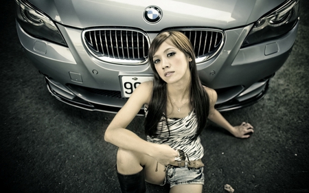 BMW Girl - silver, girl, car, bmw