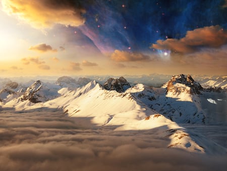 alien world - mountains, clouds, blue sky, gas cloud, stars, snow