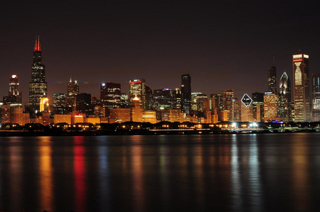 chicago at night - big city, look on to the lake, night, night in the city