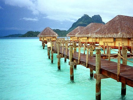 tropical-beach-resort - lovely scene, huts, water, bridge