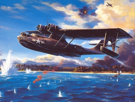 Flight out of Hell - ww2, catalina, plane, boatplane, antique, painting, art, classic, boat, ocean, airplane, drawing, world, wwii, war, pby, sea