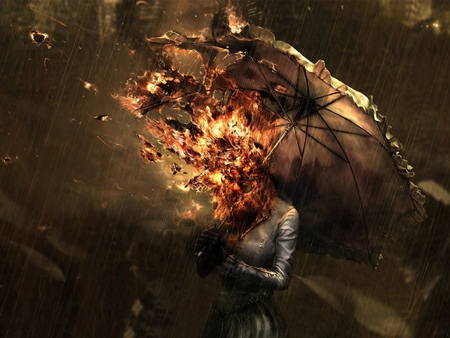 too much thinking - explosion, buildings, umbrella, rain