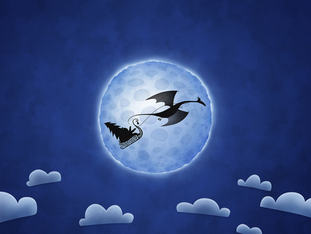 Christmas Dragon - moon, sky, xmass, winter, night, black, christmas, santa, blue, clouds, dragon