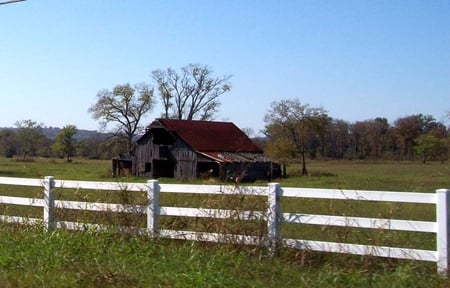 Old Barn - white, sky, fence, trees, green, field, grass, barn