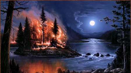 Wildfire - fire, lake, trees, water