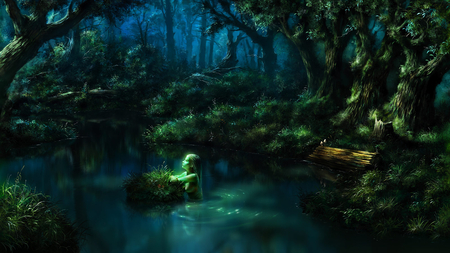 night - trees, fantasy, girl, jungle, 3d, forest, art, dark