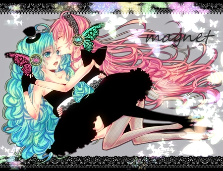 Hatsune Miku & Megurine Luka - girls, curls, hatsune miku, long hair, megurine luka, headphones, buterfly, anime, dress