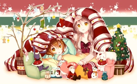 Akane & Akira - warm, star, anime, akira, snow, tree, girls, christmas, akane, blanket, decorations