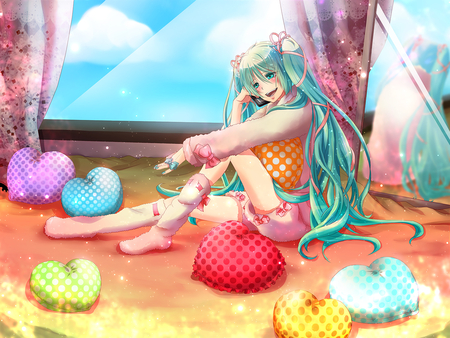 Hatsune Miku - clouds, anime, female, heart, pillows, pigtails, hatsune miku, sky