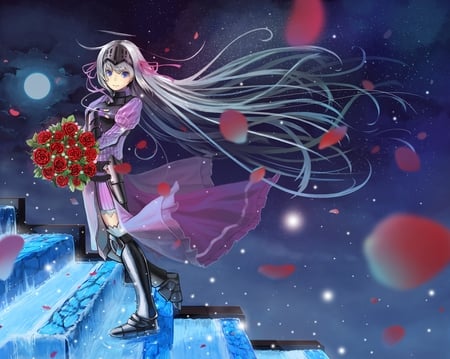 Eucliwood Hellscythe - necromancer, moon, roses, girl, blue eyes, armor, fantasy, anime, kore wa zombie desu, eucliwood hellscythe, silver hair