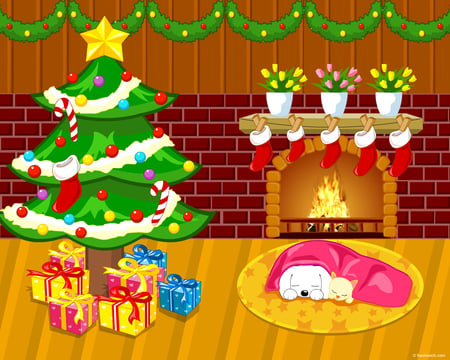 Xmas cartoon - holiday, chrtismas, tree, fireplace