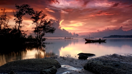 Red Sunset - lake, sunset, trees, clouds