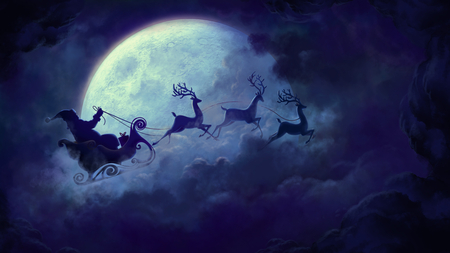 Magic Christmas!!! - pretty, blue, amazing, santa claus, holiday, magic christmas, merry christmas, nice, sky, clouds, sleigh, moon, happy new year, beautiful, beauty, lovely, cool, christmas, reindeer