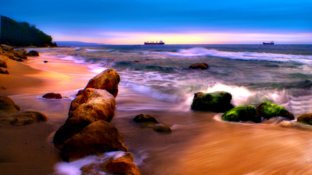 Ocean View - ocean, beach, sky, boats, ships, rocks, waves, nature, view, clouds, ocean view, sand