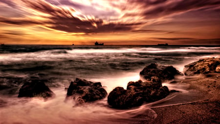 Amazing Sky - clouds, amazing sky, amazing, beach, sea, colors, ocean, sand, sunset, nature, ocean waves, waves, sky, rocks