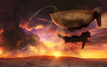 Skyships - nice, horizon, sky, sun, ships, sunset, wonderful, purple sky, amazing, pretty, clouds, desert, badlands, skyship, sunlight, stunning, wastelands, aircraft, abstract, beautiful, skyships, awesome