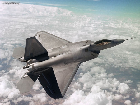 fighter plane - clouds, ground, blue sky, sun, shadow