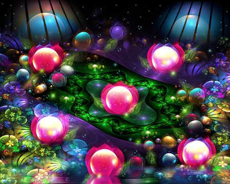 magic_pond - art, 3d, flowers, colors, pond, fantasy