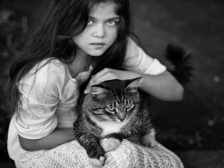 A pretty girl - pretty, girl, portrait, black and white, cat