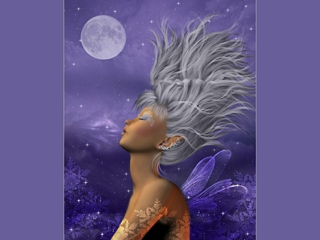 PURPLE FAIRY FOR DREAMER-GIRL - moon, female, purple, wings, fairy, stars, hair, sky