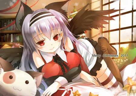 mashiroiro symphony - red eyes, angel, cat, animal girl, blouse, short hair, dress