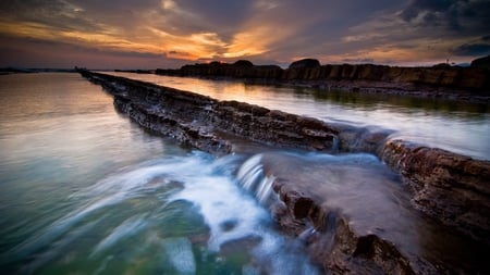 Orange Sunset - water, lake, sunset, falls