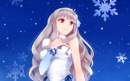 Idolmaster - blue, shijou, usagi, snow, dress, eyes, yuki, red, mofurafu, takane