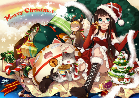 merry chirstmas - ice, red, colors, long hair, brown hair, animals, blue eyes