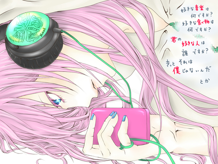 megurine luka - headphone, long hair, pink hair, green eyes