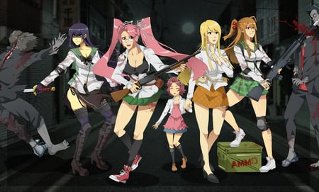 high school of the dead - girls, uniorm, zombie, long hair, weapon