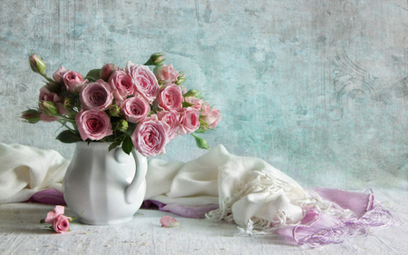 Still life - pretty, elegantly, roses, pink, photo, flowers, nice, gently, pot, delicate, beautiful, photography, beauty, colors, lovely, cool, still life, flower, petals, bouquet, harmony, white, scarf, soft, rose