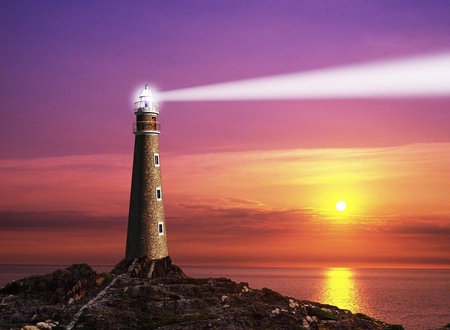 COASTAL LIGHTHOUSE - clouds, sunset, lighthouse, ocean, reflection, sky, coastal