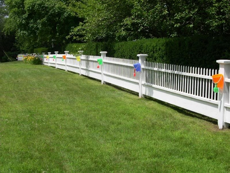 White Fence with Buckets - white, trees, fence, grass