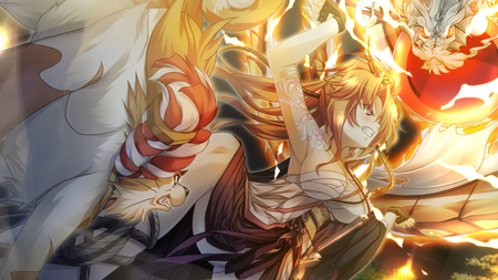 Appare! Tenka Gomen - sexy, girl, bandage, anime girl, fire, game cg, appare tenka gomen, weapon, anime, dragon