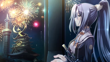 Fireworks - pretty, anime, anime girl, dress, girl, sword, appare tenka gomen, smile, temple, weapon, fireworks, game cg