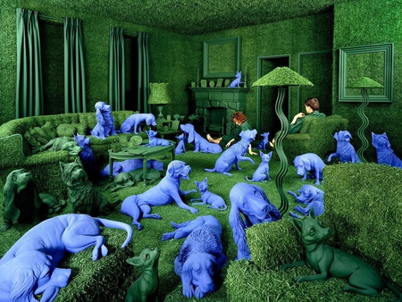 The world in green and blue - woman, animals, fantasy, world, abstract, man, blue, dogs, green