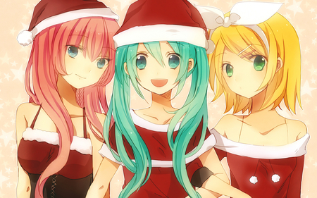 Merry Christmas Vocaloids - anime, vocaloid, hatsune miku, blond hair, green eyes, girls, kagamine rin, aqua eyes, megurine luka, aqua hair, merry christmas, pink hair