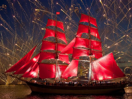 tall ship - sail, ship, boat, red